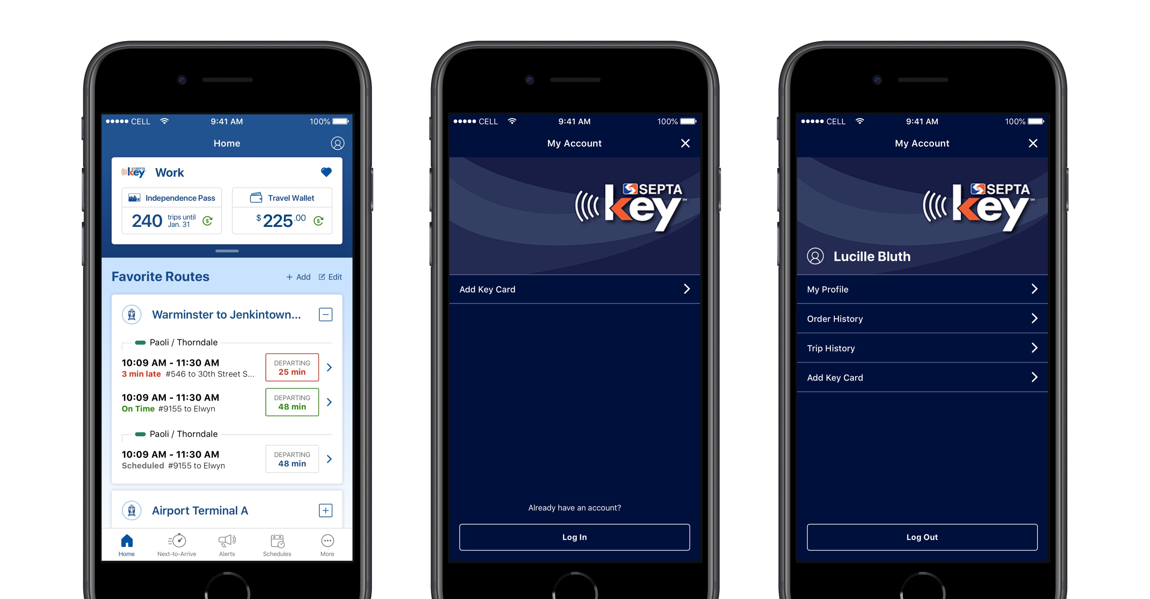 phone mockups demonstrating how a user can open the account menu and the different account menu options for non-authenticated versus authenticated users