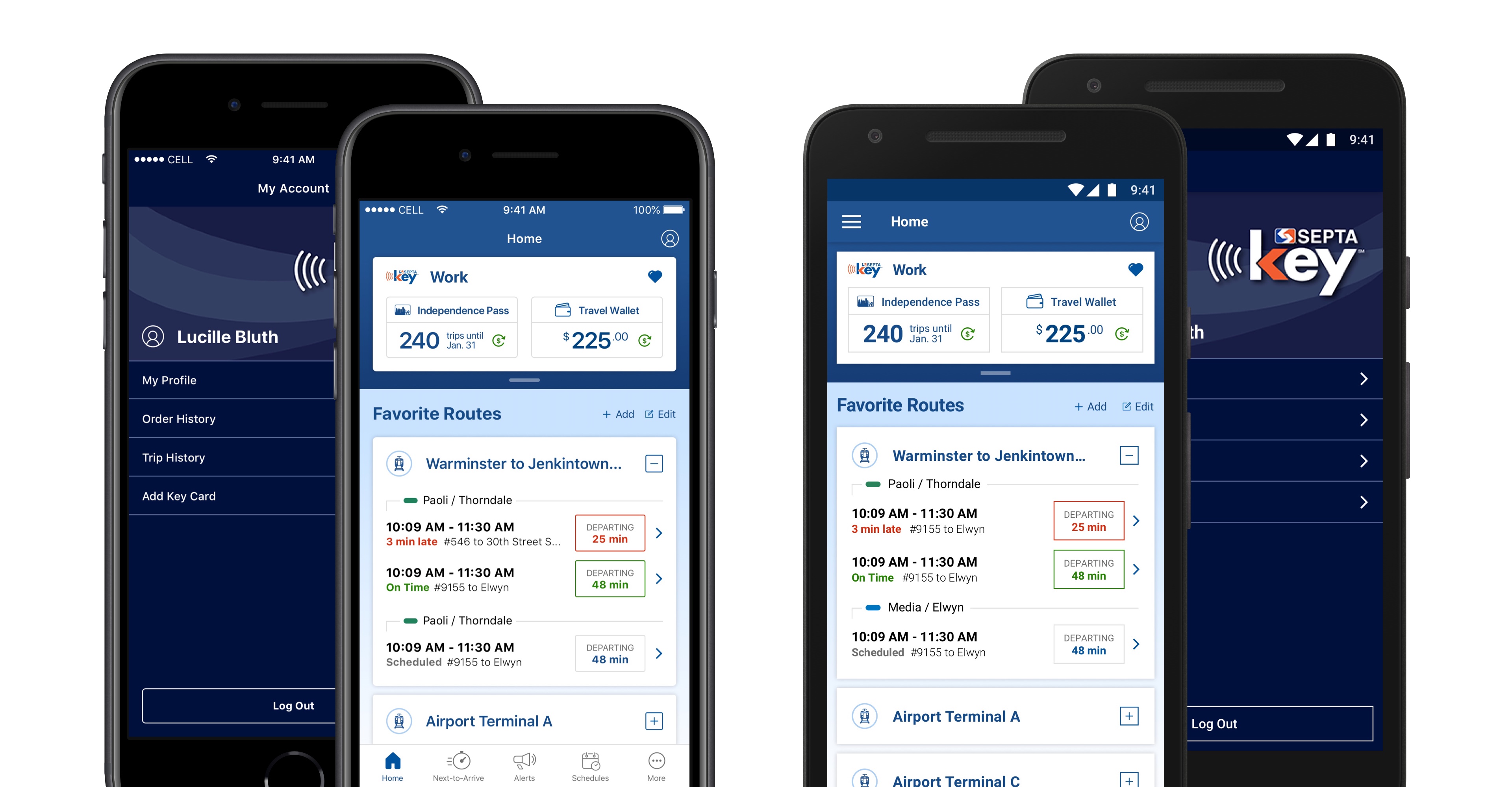 phone mockups of the SEPTA Key home and account screens on iOS and Android devices